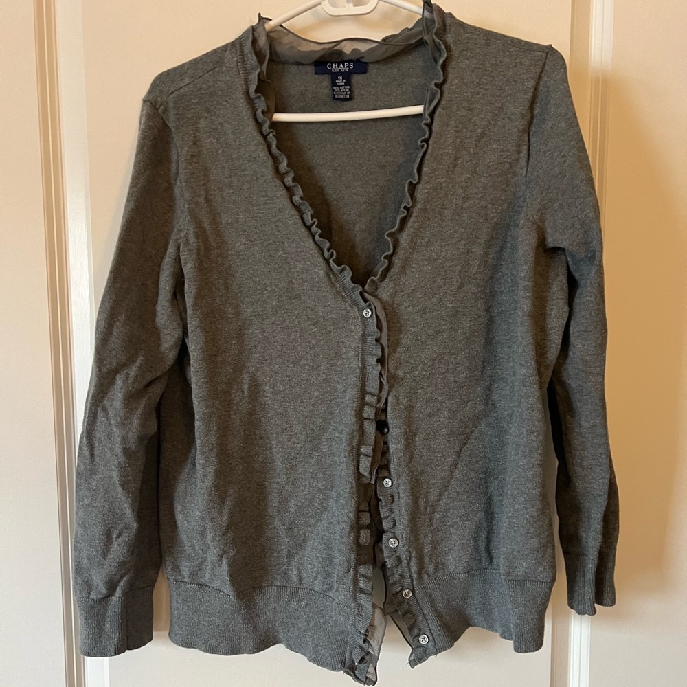 Chaps Gray Ruffle Cardigan Sweater